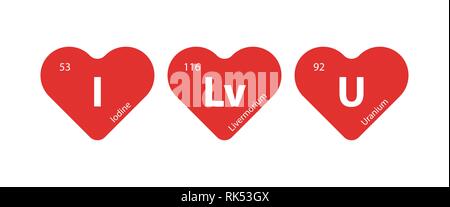 Je vous aime - Tableau périodique des éléments Concept Illustration représentent avec l'iode, et l'uranium Livermorium - pour la Journée de la Saint-Valentin Illustration de Vecteur