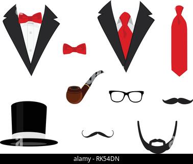 Vestons pour hommes. Tuxedo avec moustaches, lunettes, barbe, tuyau et top hat. Costumes de mariage avec papillon et avec cravate. Vector illustration Illustration de Vecteur