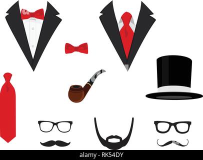 Vestons pour hommes. Tuxedo avec moustaches, lunettes, barbe, tuyau et top hat. Costumes de mariage avec papillon et avec cravate. Vector illustration Illustration de Vecteur