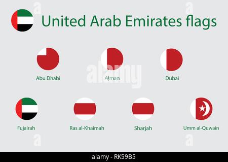 Icône vecteur drapeaux ronde des Emirats Arabes Unis. Dubaï, Abu Dhabi, Sharjah, Ajman, Fujairah, Ras Al Khaimah, Ajman et Umm al-Quwain Illustration de Vecteur