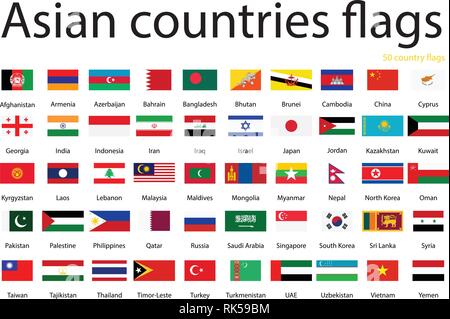 Drapeaux des pays asiatiques icônes vectorielles. 50 pays drapeaux Illustration de Vecteur