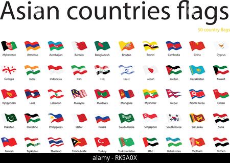 Les pays asiatiques brandissant des drapeaux vector icon set. 50 pays drapeaux Illustration de Vecteur