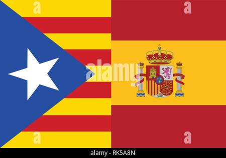 Mélange de deux réaliste brandissant des drapeaux de la Catalogne et l'Espagne. Le référendum sur l'indépendance catalane Illustration de Vecteur