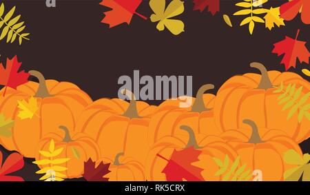 Les feuilles d'automne et de citrouilles border frame avec l'espace texte sur fond sombre. Fleurs de saison chêne érable feuilles orange avec les gourdes pour Thanksgiving Illustration de Vecteur