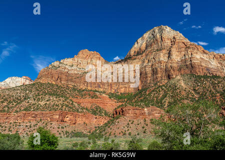 Vue sur montagne pont à l'Est de l'histoire de l'homme de Zion Museum, le parc national de Zion, Utah, United States. Banque D'Images