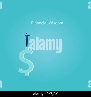 Sagesse financière concept. Vecteur d'un homme d'équilibre sur le haut de la symbole dollar Illustration de Vecteur