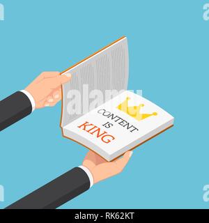 Télévision 3D isométrique mains homme d'ouvrir le livre avec légende le contenu est roi sur elle. Le contenu est roi concept Illustration de Vecteur