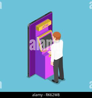 Télévision 3D isométrique d'affaires à l'aide d'un distributeur automatique de billets sur smartphone. Concept de services bancaires mobiles. Illustration de Vecteur