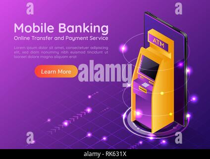 Bannière web 3D isométrique ATM machine sur l'écran du smartphone. Services bancaires mobiles et concept de paiement en ligne page d'atterrissage. Illustration de Vecteur