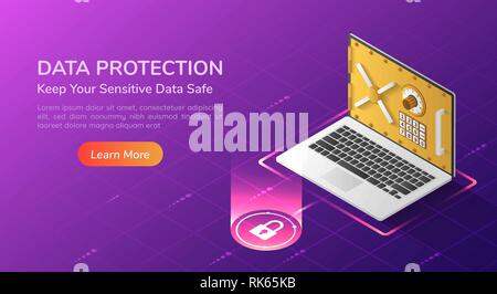 3D isométrique bannière web ordinateur portable avec système de sécurité complet de l'option et vault door sur l'écran. Concept de sécurité des données personnelles page d'atterrissage. Illustration de Vecteur