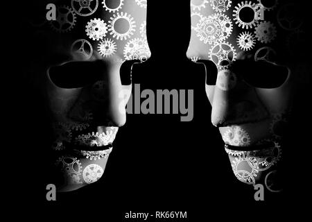 L'intelligence artificielle robot des masques avec cogs indiquant la puissance de cerveau mécanique Banque D'Images