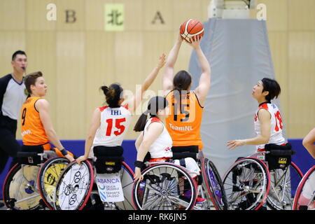 Chiba, Japon. Feb 8, 2019. Vue générale, le basket-ball en fauteuil roulant : Women's International Match amical entre le Japon 51-61 Pays-Bas à Kikkoman Arena à Chiba, Japon . Credit : Naoki Nishimura/AFLO SPORT/Alamy Live News Banque D'Images