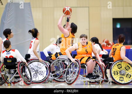 Chiba, Japon. Feb 8, 2019. Vue générale, le basket-ball en fauteuil roulant : Women's International Match amical entre le Japon 51-61 Pays-Bas à Kikkoman Arena à Chiba, Japon . Credit : Naoki Nishimura/AFLO SPORT/Alamy Live News Banque D'Images