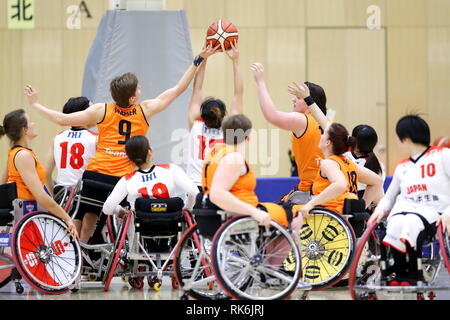 Chiba, Japon. Feb 8, 2019. Vue générale, le basket-ball en fauteuil roulant : Women's International Match amical entre le Japon 51-61 Pays-Bas à Kikkoman Arena à Chiba, Japon . Credit : Naoki Nishimura/AFLO SPORT/Alamy Live News Banque D'Images