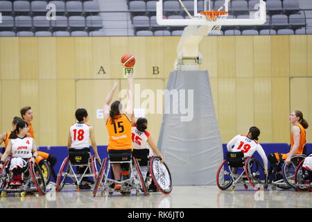 Chiba, Japon. Feb 8, 2019. Vue générale, le basket-ball en fauteuil roulant : Women's International Match amical entre le Japon 51-61 Pays-Bas à Kikkoman Arena à Chiba, Japon . Credit : Naoki Nishimura/AFLO SPORT/Alamy Live News Banque D'Images