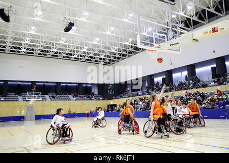 Chiba, Japon. Feb 8, 2019. Vue générale, le basket-ball en fauteuil roulant : Women's International Match amical entre le Japon 51-61 Pays-Bas à Kikkoman Arena à Chiba, Japon . Credit : Naoki Nishimura/AFLO SPORT/Alamy Live News Banque D'Images