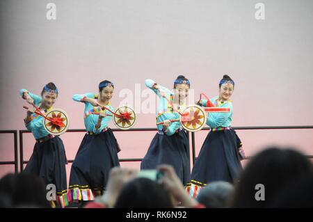 New York, USA. 10 fév 2019. Une scène de danseurs pour célébrer le Nouvel An chinois le rendement à Brookfield Place dans la partie basse de Manhattan de la ville de New York, États-Unis, le 9 février 2019. Autour de 2 000 personnes ont regardé un spectacle célébrant le Nouvel An chinois le samedi à Brookfield Place, une zone commerciale dans la partie basse de Manhattan de la ville de New York. Source : Xinhua/Alamy Live News Banque D'Images