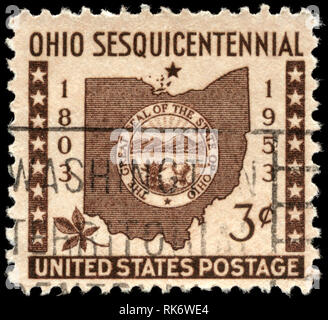 USA - VERS 1953 : timbre imprimé aux États-Unis montre la carte et Ohio State Seal, vers 1953 Banque D'Images