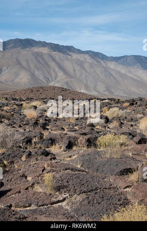 Domaines couverts dans la pierre de lave avec peu de végétation, de plus en plus au-delà de la montagne sous ciel bleu. Banque D'Images