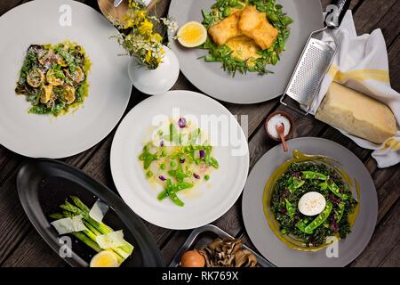 Grand choix de plats pour le déjeuner ou le dîner composé de salade, légumes grillés, poisson frit et poisson cru aussi Banque D'Images