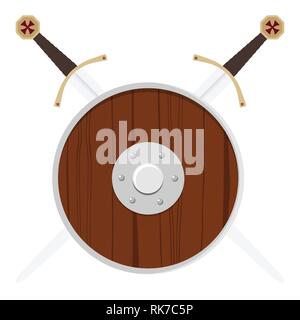 Vector illustration viking shield en bois et deux épées croisées isolé sur fond blanc. Bouclier antique ronde Illustration de Vecteur