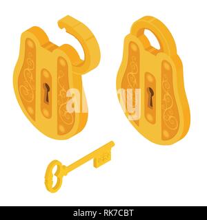 Vintage, antique old big lock cadenas, isolé sur fond blanc. Ouvert et fermé et la clé du cadenas Illustration de Vecteur