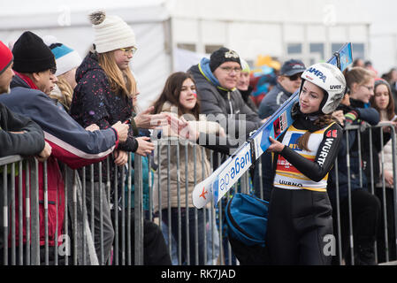 Juliane Seyfarth de l'Allemagne à la Coupe du monde de saut à ski FIS Mesdames Ljubno le 9 février 2019 à Ljubno, la Slovénie. (Photo de Rok Rakun / Pacific Press) Banque D'Images