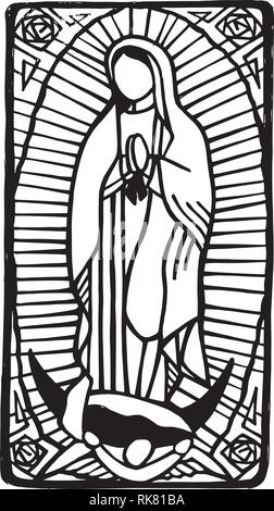 Hand drawn vector illustration ou dessin du Mexican Vierge Marie de Guadalupe, Illustration de Vecteur