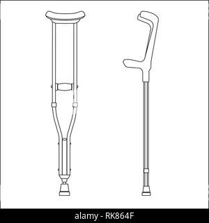 L'icône des béquilles. Schéma d'encombrement du vecteur ligne mince des béquilles et des bâtons de marche pour la réhabilitation médicale de jambe cassée. Illustration de Vecteur