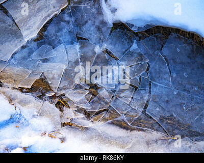 La glace brisée sur une rivière ou sur la mer. Des fragments de glace naturelle pour l'arrière plan. Bords de glace bleue après la tempête en hiver. La couverture de neige de l'Arctique écrasé. Banque D'Images
