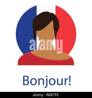 Discours en Français Bonjour Concept. Bonjour. Drapeau France jeune femme Bonjour. Vector illustration Illustration de Vecteur