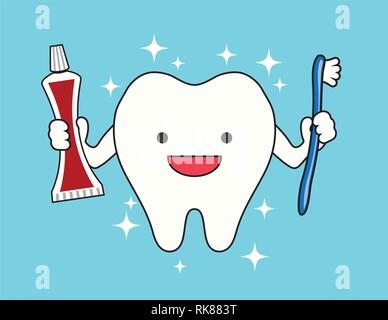 Vector happy smiling holding dent brosse à dents et du dentifrice tube. bandes dessinées isolé sur fond bleu. hygiène dentaire illustration. stro Illustration de Vecteur