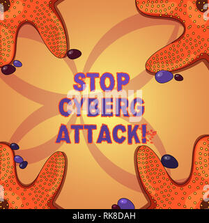 Écrit remarque montrant arrêter une attaque cybernétique. Photo d'entreprise présentant des dommages par des pirates informatiques tentent d'empêcher de détruire l'étoile de réseau informatique sur 4 coins Banque D'Images