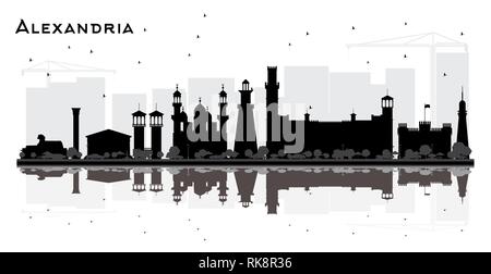 Alexandrie Egypte Ville Silhouette aux bâtiments et réflexions noir isolé sur blanc. Vector Illustration. Concept du tourisme. Illustration de Vecteur