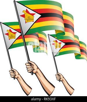 Drapeau du Zimbabwe et de la main sur fond blanc. Vector illustration Illustration de Vecteur