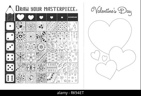 Jeu éducatif sur le développement de la créativité et compétences en dessin. Carte postale Saint Valentin faire vous-même, appeler votre chef-d'(zentangle elemen Illustration de Vecteur