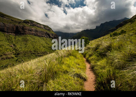 Le sentier de randonnée de la Tugela Gorge conduisant le long d'une colline illuminée vers l'Amphithéâtre Mountain dans le Drakensberg, Afrique du Sud Banque D'Images