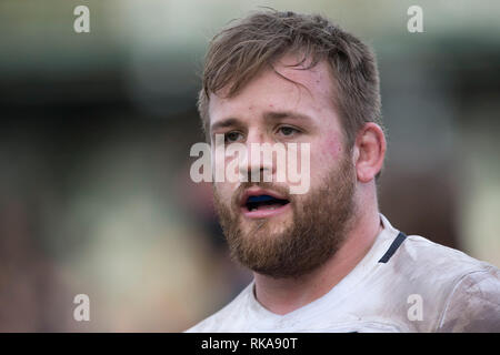 Bruxelles, Belgique. 09Th Feb 2019. Rugby : EM, Division 1A, Journée 1 : Belgium-Germany. La foule s'est effondré. Joern Schroeder (Allemagne, 5), portrait. L'équipe a perdu à 22:29 (7:12). Credit : Jürgen Kessler/dpa/Alamy Live News Banque D'Images