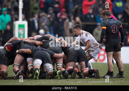 Bruxelles, Belgique. 09Th Feb 2019. Rugby : EM, Division 1A, Journée 1 : Belgium-Germany. Tim Menzel (Allemagne, 9) lance la balle dans la foule. L'équipe a perdu à 22:29 (7:12). Credit : Jürgen Kessler/dpa/Alamy Live News Banque D'Images