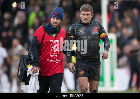 Bruxelles, Belgique. 09Th Feb 2019. Rugby : EM, Division 1A, Journée 1 : Belgium-Germany. Meneur de la Belgique Julien Berger (Belgique, 9) doit quitter le terrain blessé. L'équipe a perdu à 22:29 (7:12). Credit : Jürgen Kessler/dpa/Alamy Live News Banque D'Images