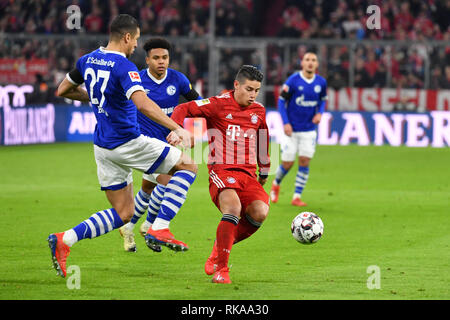 Munich, Allemagne. 09Th Feb 2019. James RODRIGUEZ (Bayern Munich), l'action, les duels contre Jeffrey NERGAL (FC Schalke 04). Le football 1. Bundesliga, 21.journée, journée21, FC Bayern Munich M) - FC Schalke 04 (GE) 3-1, le 09.02.2019 dans Muenchen ALLIANZARENA, DFL RÈGLEMENT INTERDIT TOUTE UTILISATION DE PHOTOGRAPHIE COMME DES SÉQUENCES D'IMAGES ET/OU QUASI VIDÉO. Utilisation dans le monde entier | Credit : dpa/Alamy Live News Banque D'Images