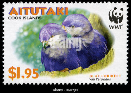 Timbre-poste d'Aitutaki dans les espèces en péril - Lorikeet bleu série émise en 2002 Banque D'Images