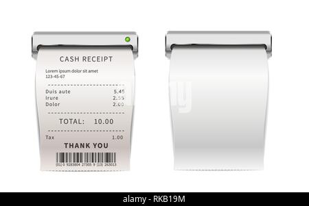 Les reçus de vente réaliste de sortir de machine d'impression, les factures d'achats blanc . Contrôles financiers papier isolated on white Illustration de Vecteur