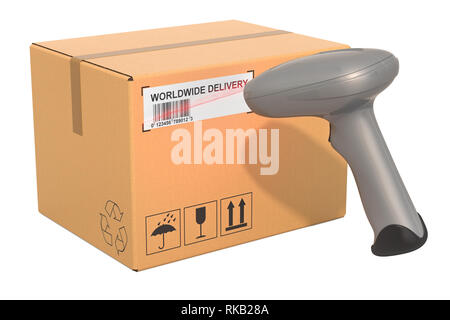 Lecteur de codes-barres code barre de numérisation à partir de la parcelle, rendu 3D isolé sur fond blanc Banque D'Images