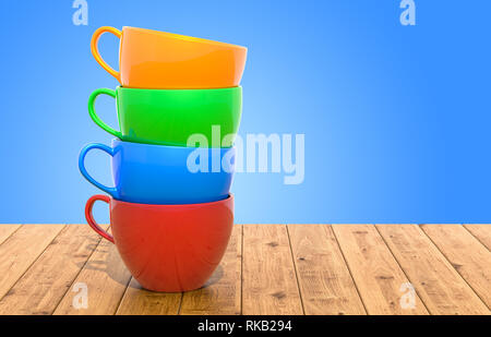 Pile de tasses colorées sur la table en bois, 3D Rendering Banque D'Images