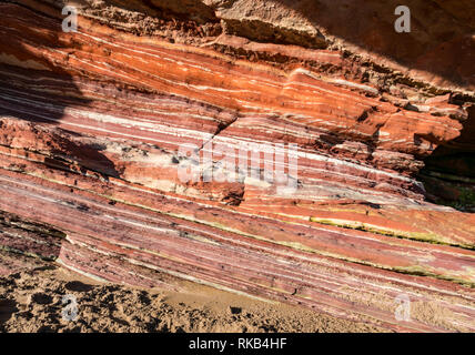 Rocher de grès sédimentaire Dévonien couches Couches en falaise, fer à repasser, coloration Pease Bay, Berwickshire, Ecosse, Royaume-Uni Banque D'Images