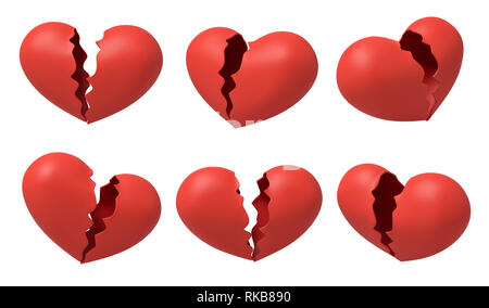 Le rendu 3D de l'ensemble de six cœurs brisés rouge isolé sur fond blanc Banque D'Images