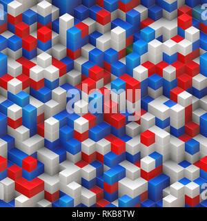Seamless background cubes colorés - bleu blanc rouge, empilés au hasard, rendu 3d - structure Banque D'Images