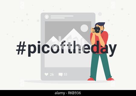 Hashtag photo du jour télévision concept vector illustration photographe de prendre une photo à l'aide de l'appareil photo reflex Illustration de Vecteur