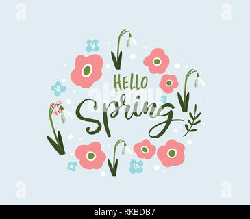 Vector avec cartes florales fleurs de printemps. Snow Drop et autres fleurs de printemps et le texte Bonjour printemps. Carte de vœux de printemps fleurs bleu clair sur ba Banque D'Images